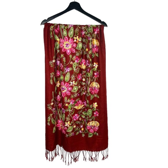 Large Deep Red Floral Embroidered Scarf